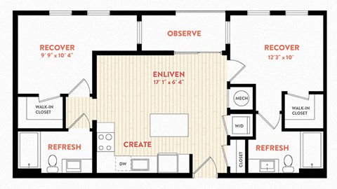 Floor plan for 2 beds, 2 baths, 828 sqft